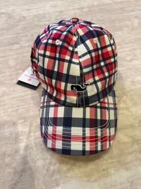 NWT Vineyard Vines Kids Red, Navy & White Plaid Whale Cap